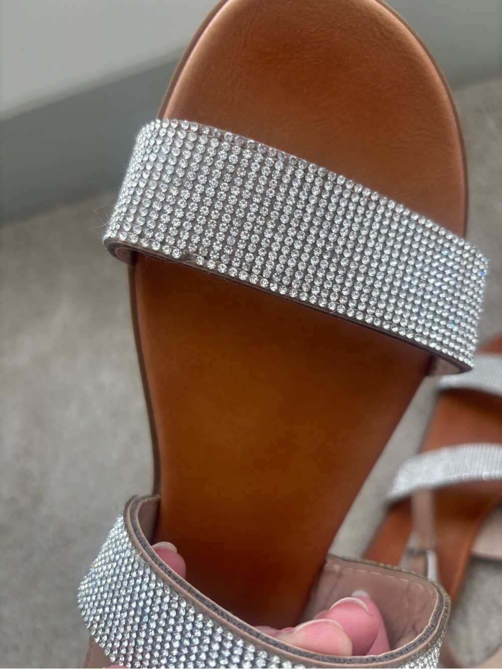 Steve Madden Rhinestone Two-Strap Tan Footbed Sandals - Picture 4 of 4